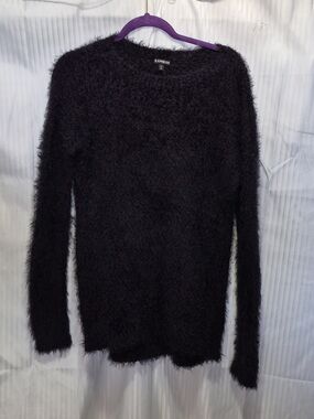 Express Women's Small Purple & Black Fuzzy Crewneck Sweater - Plush Knit